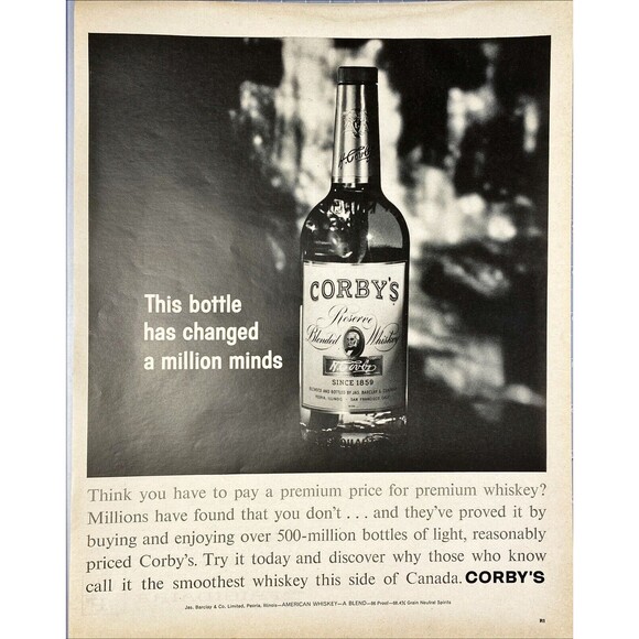 CORBY'S Whiskey "This Bottle Has Changed a Million Minds" Vintage Print Ad 1963 - Picture 1 of 3